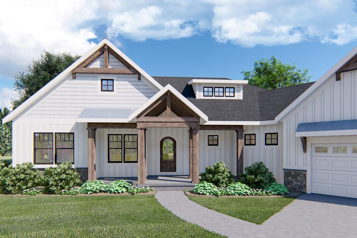 Modern Farmhouse house plan exterior with white board and batten siding, prominent gables, covered porch with timber posts, and dormer.