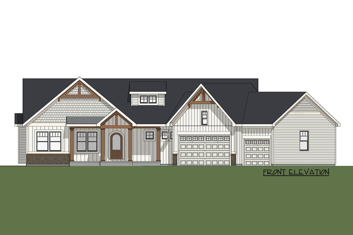 House plan front elevation with gabled roof, porch, dormer window, and a three-car garage.