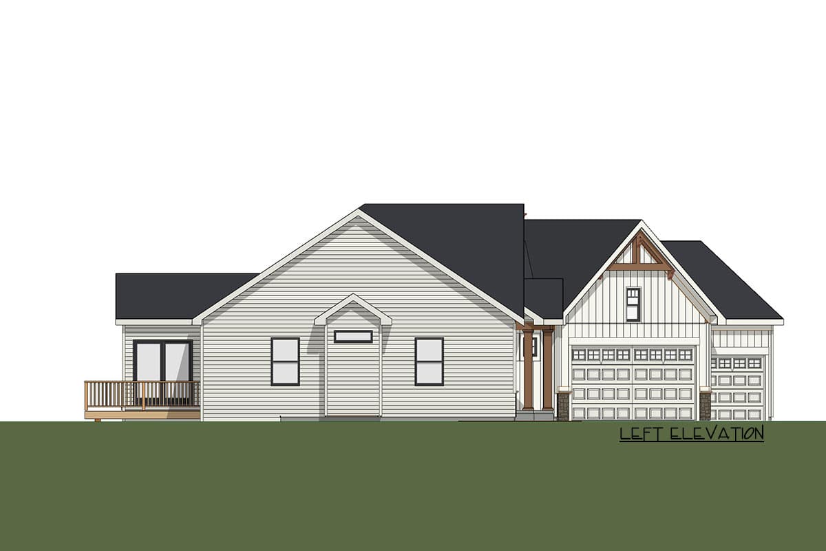 House plan left elevation: one-story home with a pitched roof, siding, attached garage, deck, and gable accents.