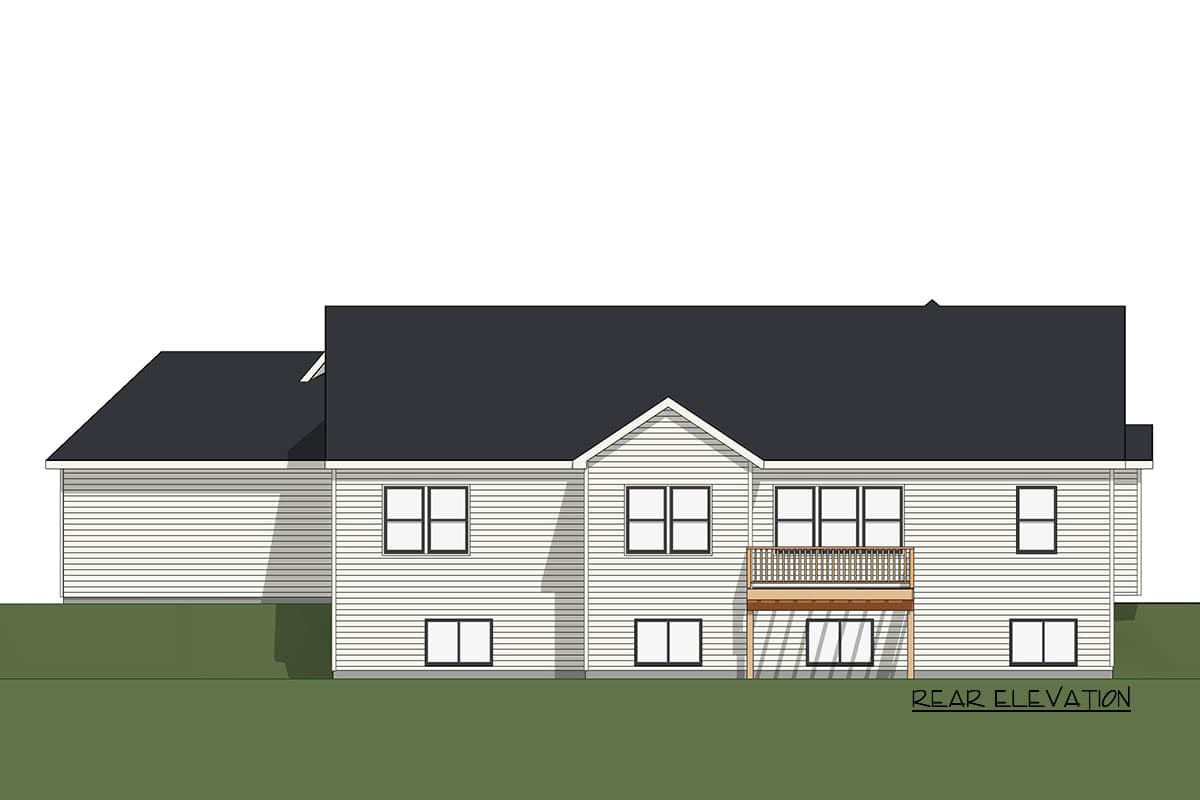 Rear elevation house plan showing a multi-story home with horizontal siding, a central gable, and a deck with sliding glass doors.