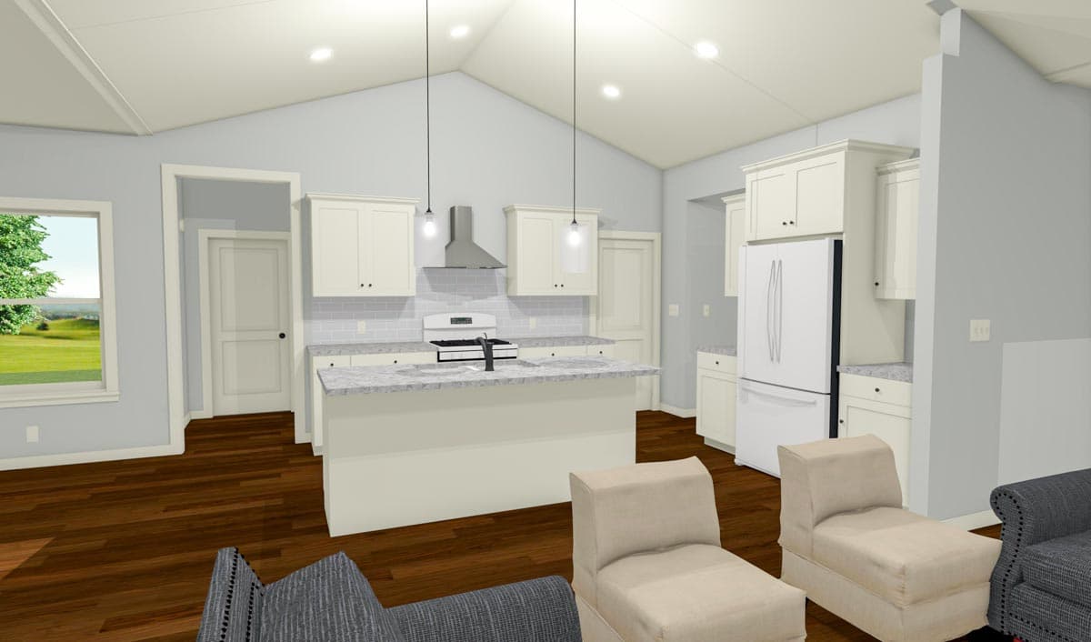 Interior rendering of a modern kitchen with vaulted ceiling, large island, white cabinets, and a stainless steel range hood.