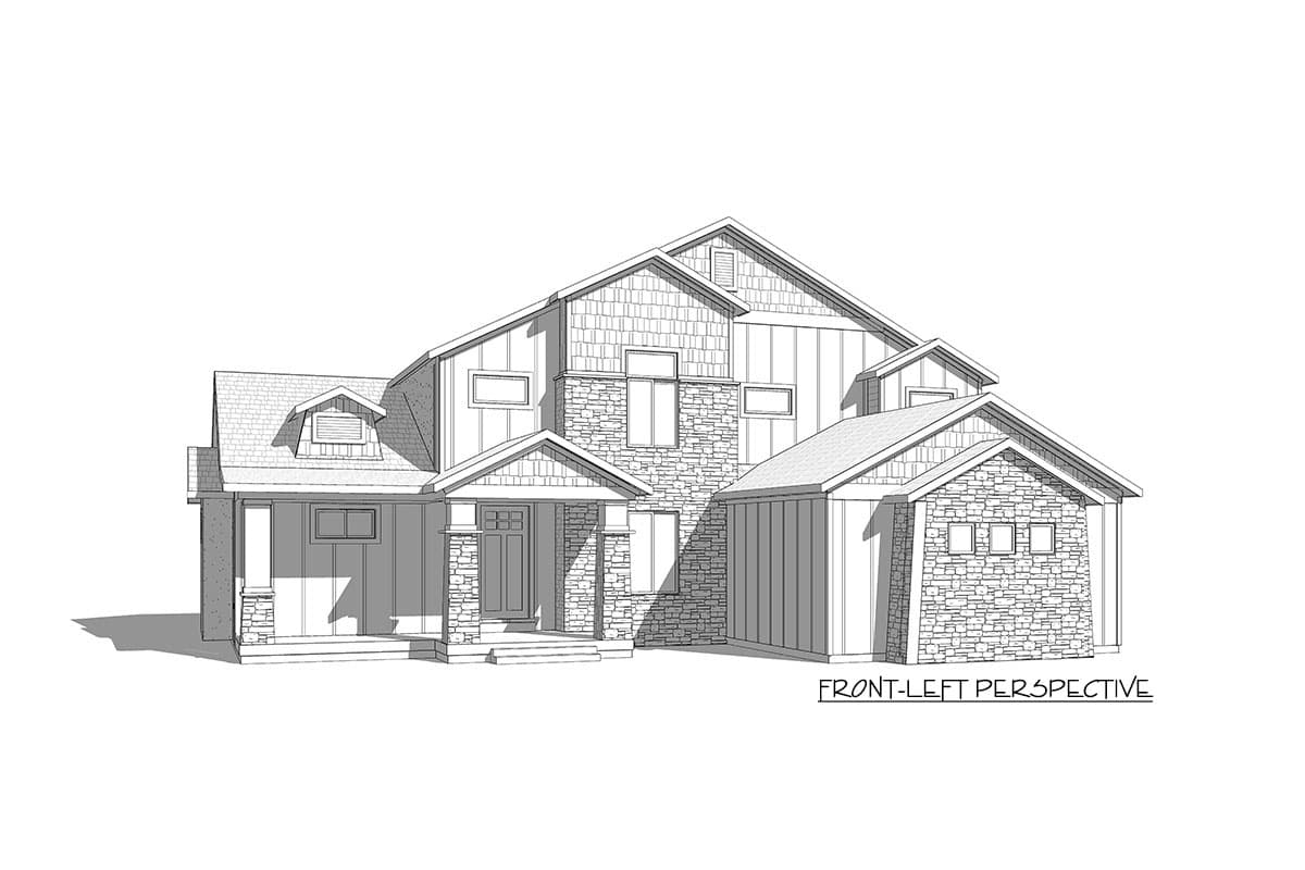House plan exterior: two-story contemporary design with stone accents, multiple gables, dormers, and covered front porch.