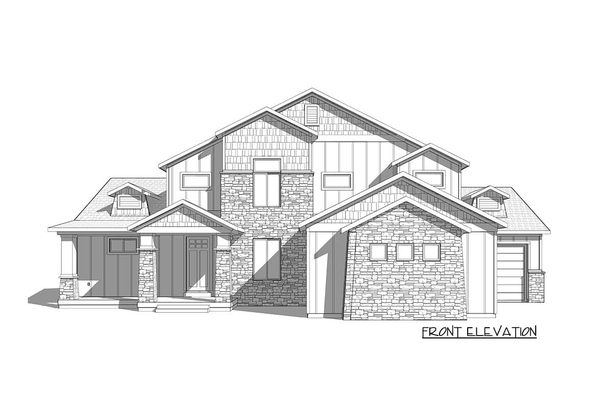 Front elevation house plan with multiple gables, stone and shingle siding, covered entry, and two-car garage.