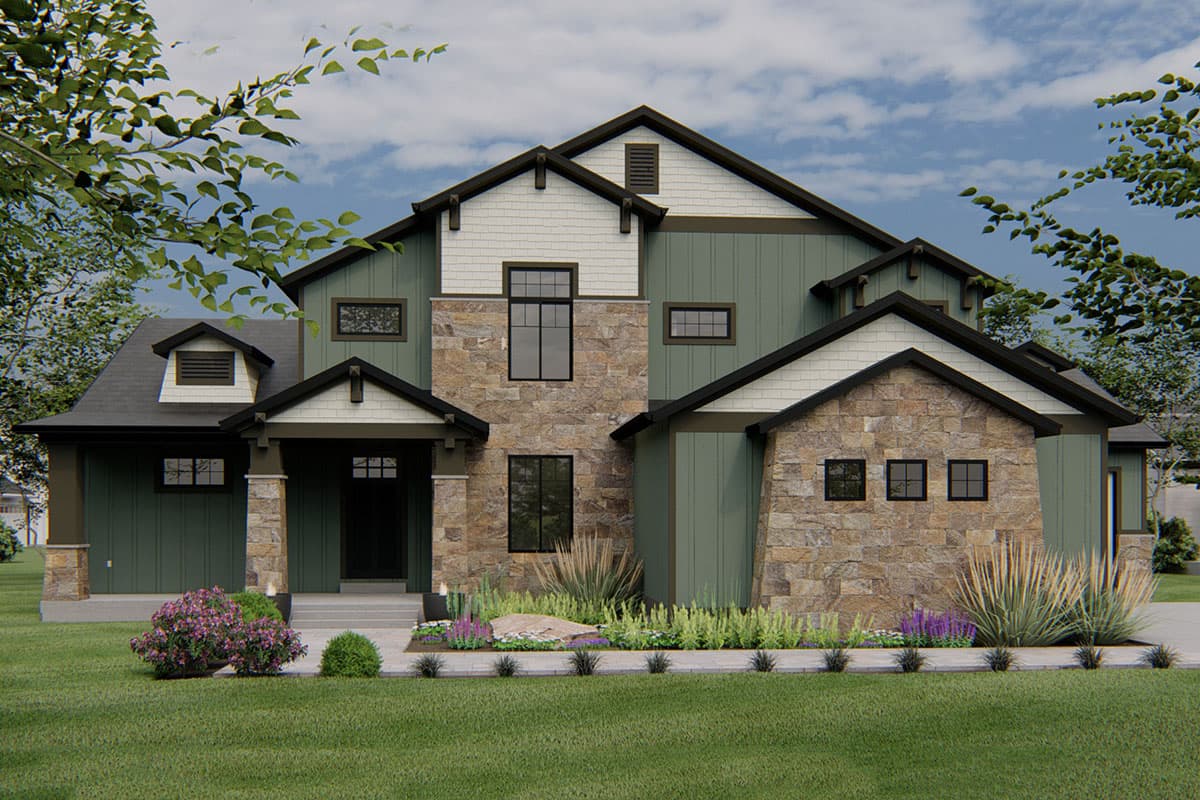 House plan exterior. Two-story Modern Farmhouse with stone facade, multiple gables, and a front porch. Features include board and batten siding.