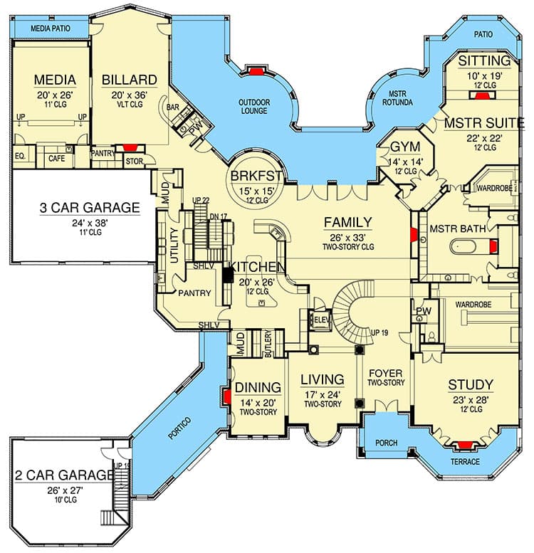 Plan 36588TX: Spacious European Home Plan with Seven Fireplaces - Floor Plan - Main Level - European, French Country