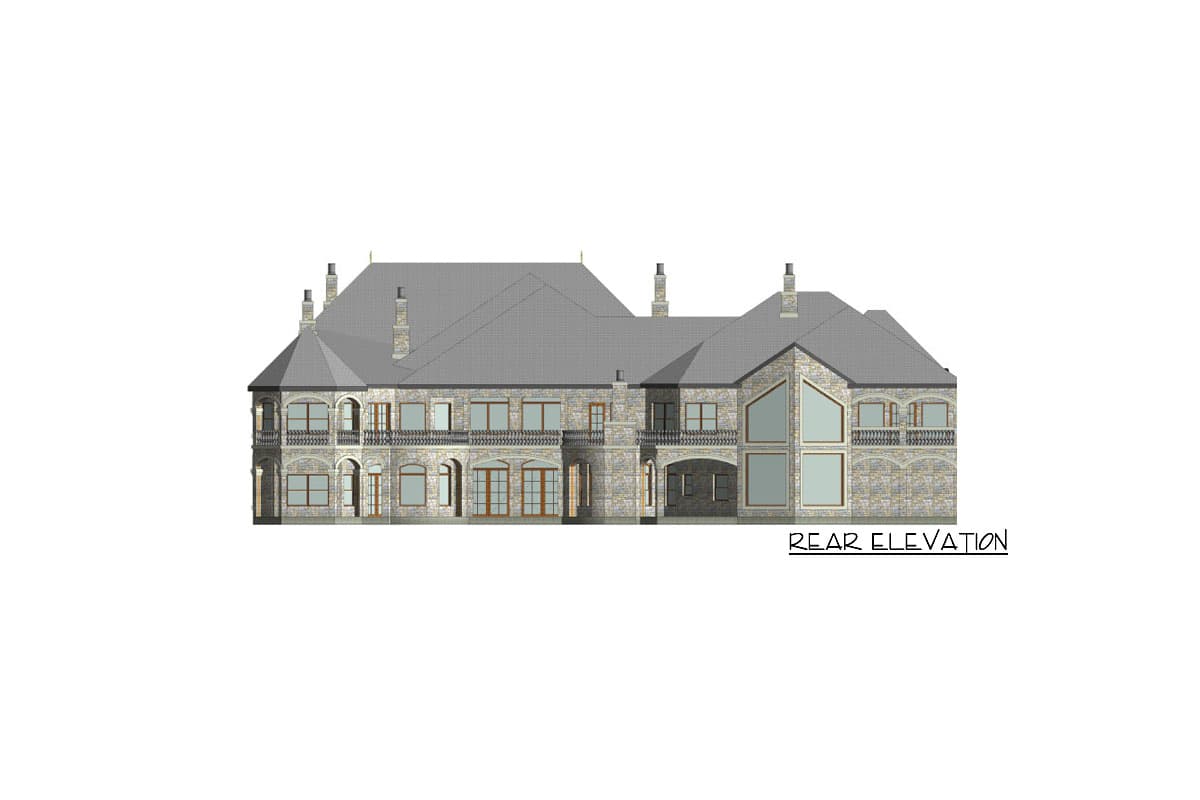 Rear elevation of a large, multi-story stone house plan featuring arched windows, balconies, and a prominent gabled section with large windows.