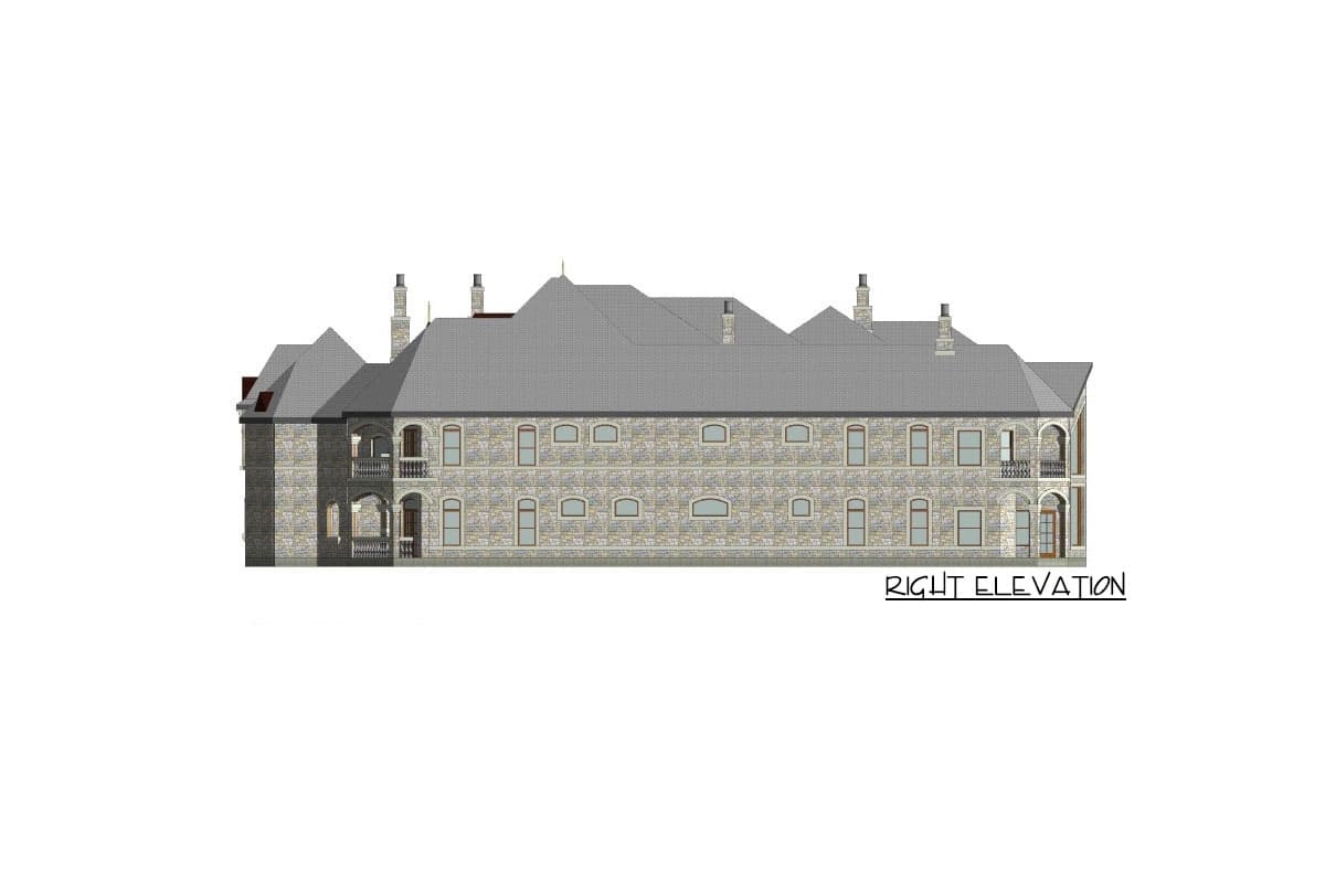 Right elevation drawing of a multi-story house plan with stone facade, varied rooflines, arched entryway, and balconies.