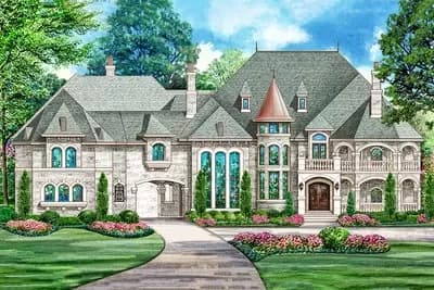 Spacious European Home Plan with Seven Fireplaces