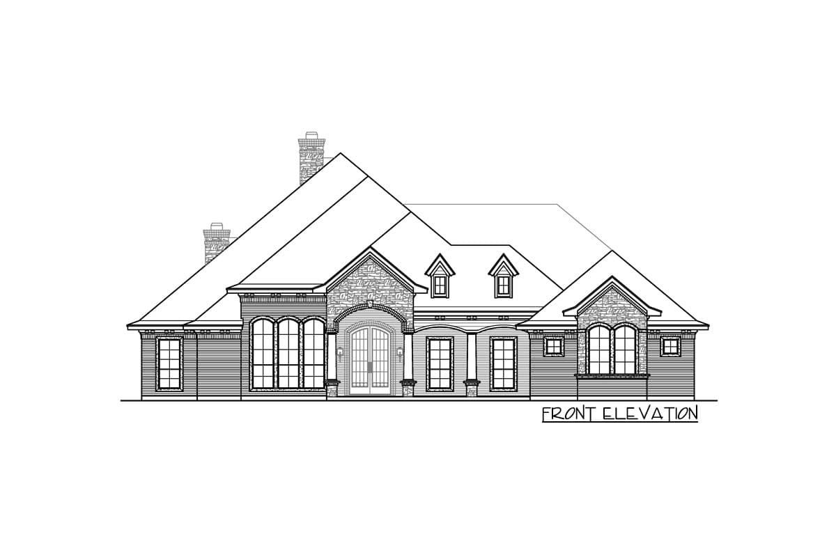 Front elevation house plan with stone accents, arched windows, dormers, and multiple rooflines.