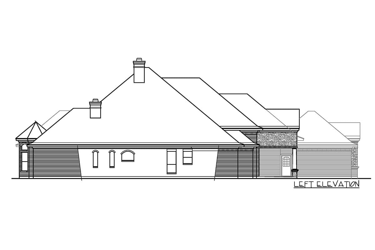 Left elevation house plan: one-story with multiple rooflines, two chimneys, arched and rectangular windows, stone accents, and garage door.