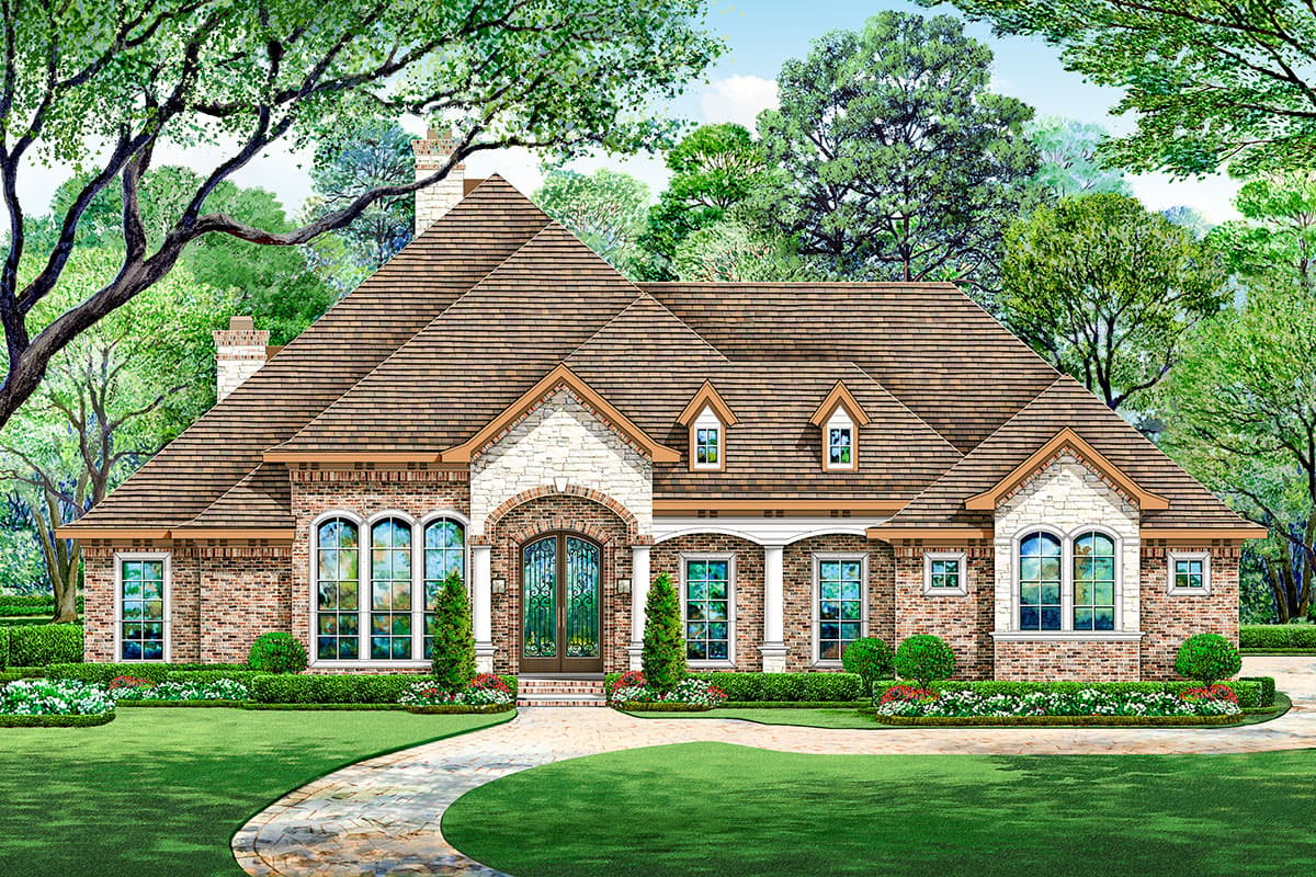 House plan exterior. Two-story brick home with a multi-gabled roof, arched windows, dormers, and a covered porch with columns.