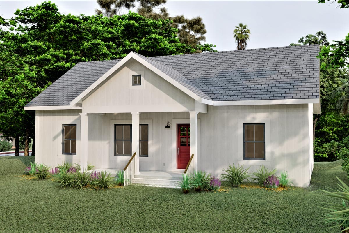 House plan exterior: Modern Farmhouse style, one-story with gabled roof, covered porch, and paneled siding.