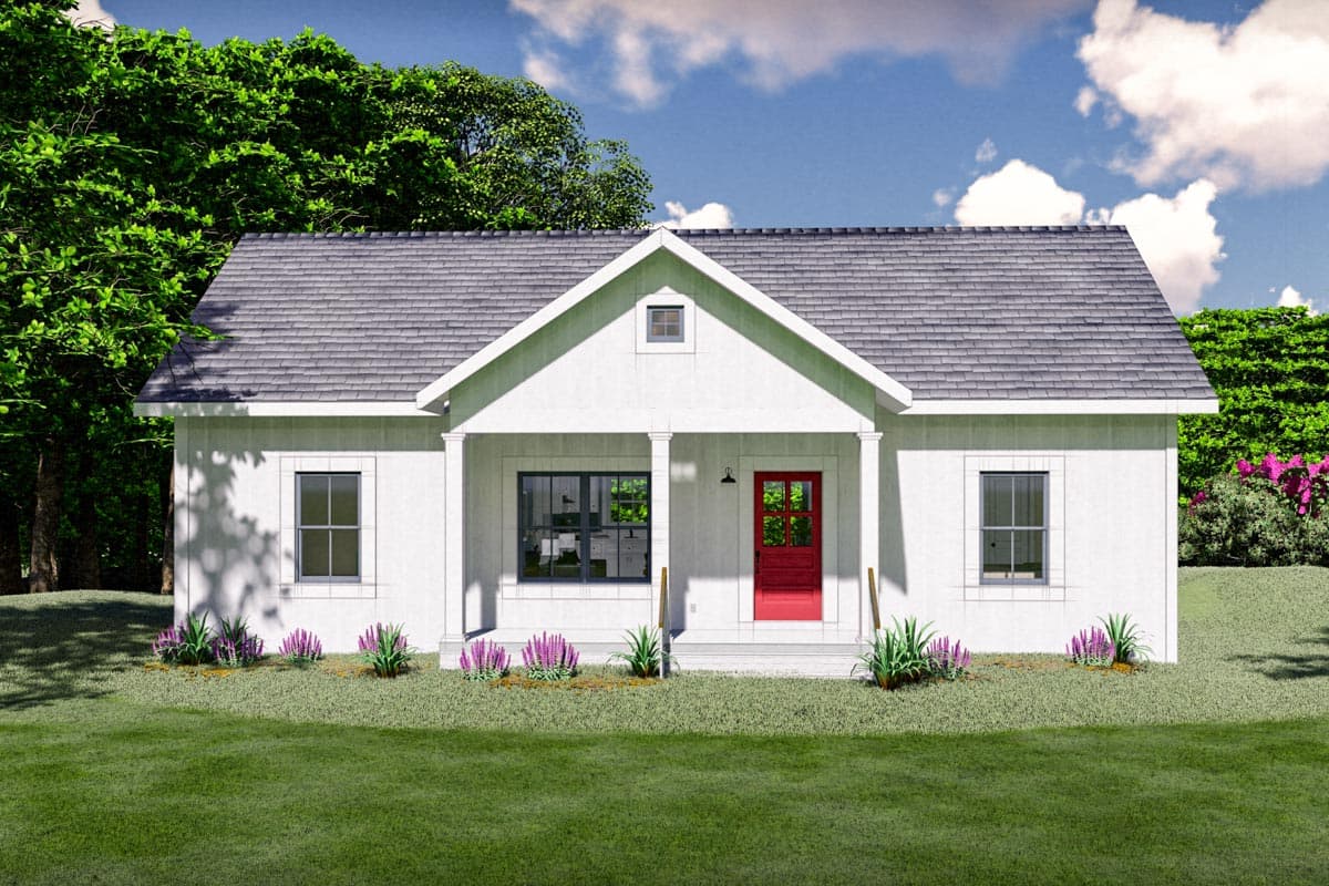 House plan exterior: One-story Modern Farmhouse with gable roof, front porch supported by columns, and central red door.