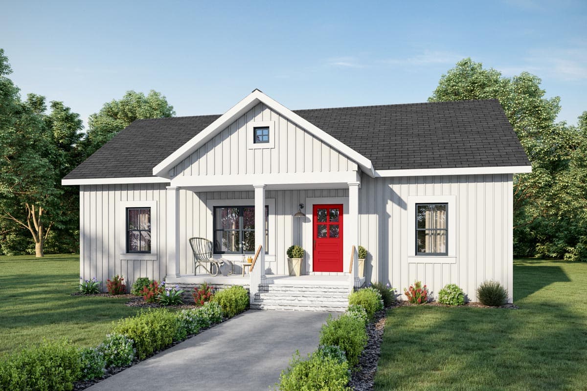 House plan exterior. One-story farmhouse with a front porch, gabled roof, and vertical siding. Features a red front door.
