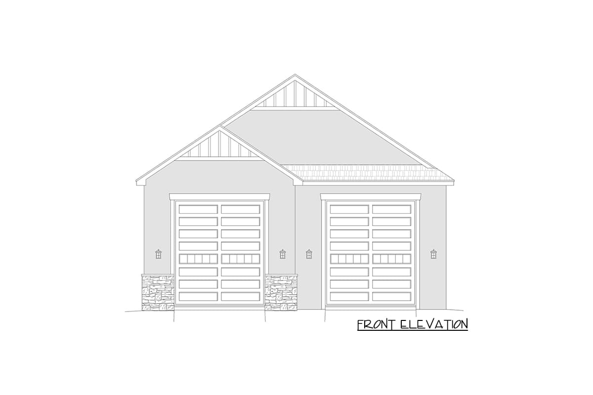 Front elevation house plan with double garage doors, gabled roof, and stone accents.
