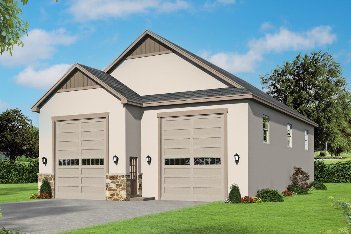 House plan exterior. Two-car garage with gabled roofline. Features stone accents, recessed entryway, and light fixtures flanking the garage doors.