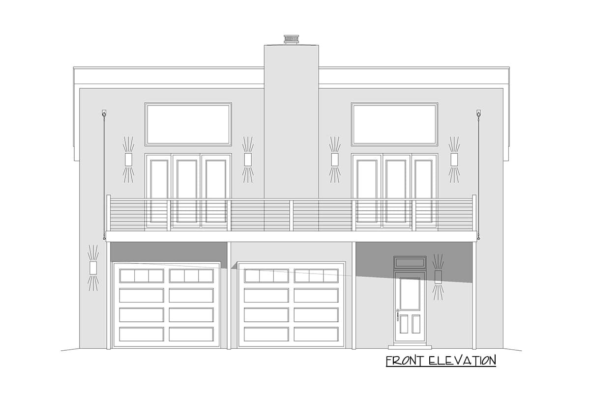 Front elevation drawing showing two garage doors, a balcony with glass doors above, and a central chimney.