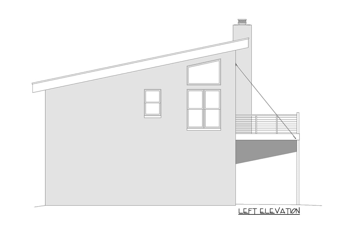 Left elevation drawing of a house plan featuring a sloped roofline, chimney, and a deck.