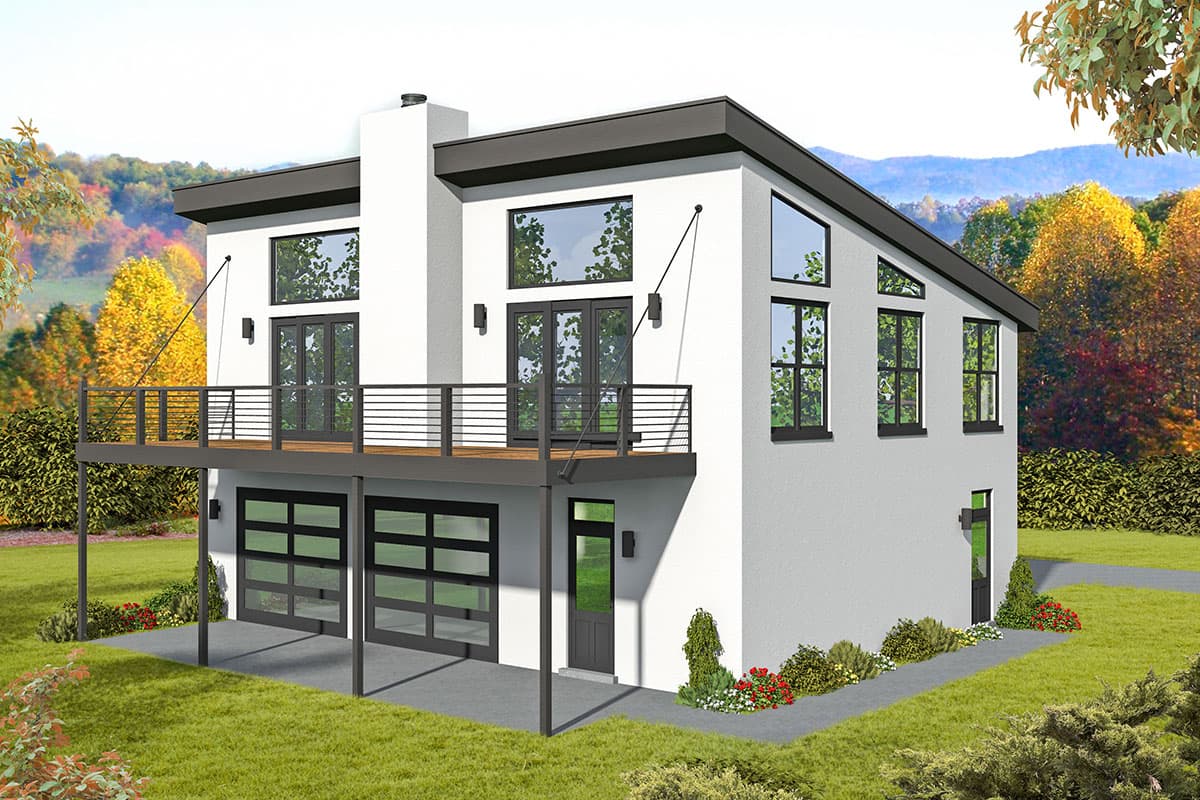 Modern house plan exterior. Two-story design with a deck, a flat roof, and a two-car garage. Features large windows and a minimalist aesthetic.