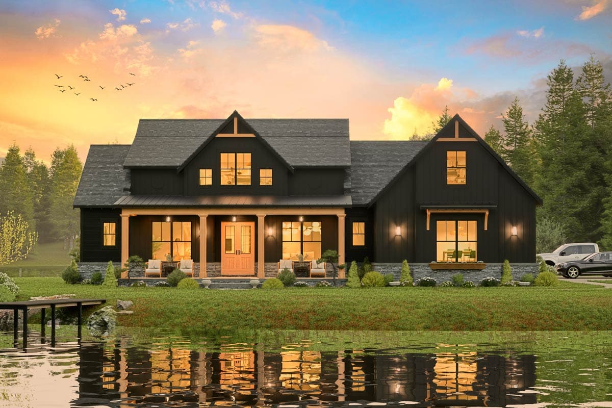 Modern Farmhouse house plan exterior with a deep porch, gabled dormers, and board and batten siding.