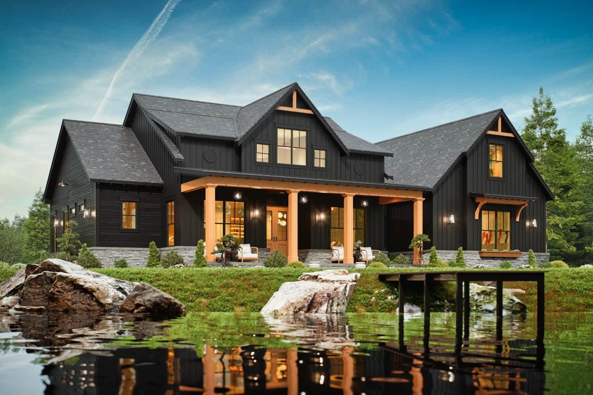 Modern Farmhouse house plan exterior with prominent gables, covered porch with timber posts, and dark board and batten siding.