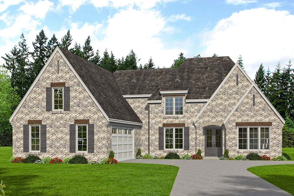 House plan exterior with two stories, brick facade, gabled roof, and attached garage. Includes dormers and dark shutters.