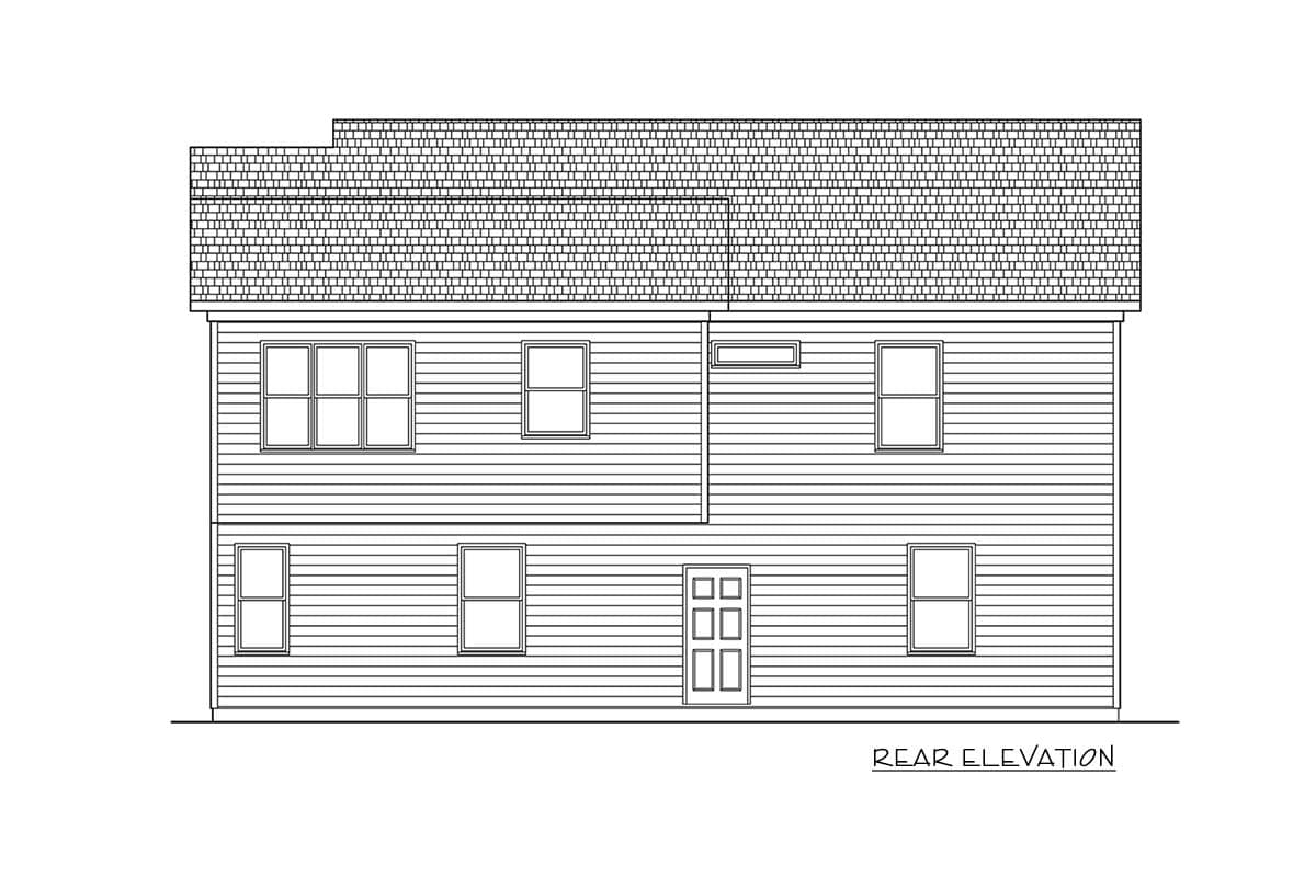 Rear elevation drawing of a two-story house plan with horizontal siding, multiple windows, and a central door.