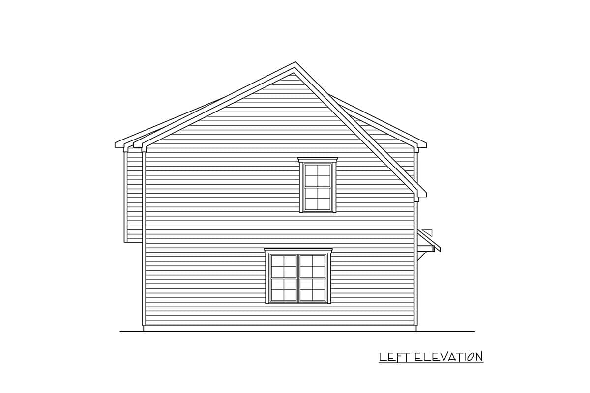 Left elevation drawing of a two-story house plan showing siding, gable roof, and two windows.