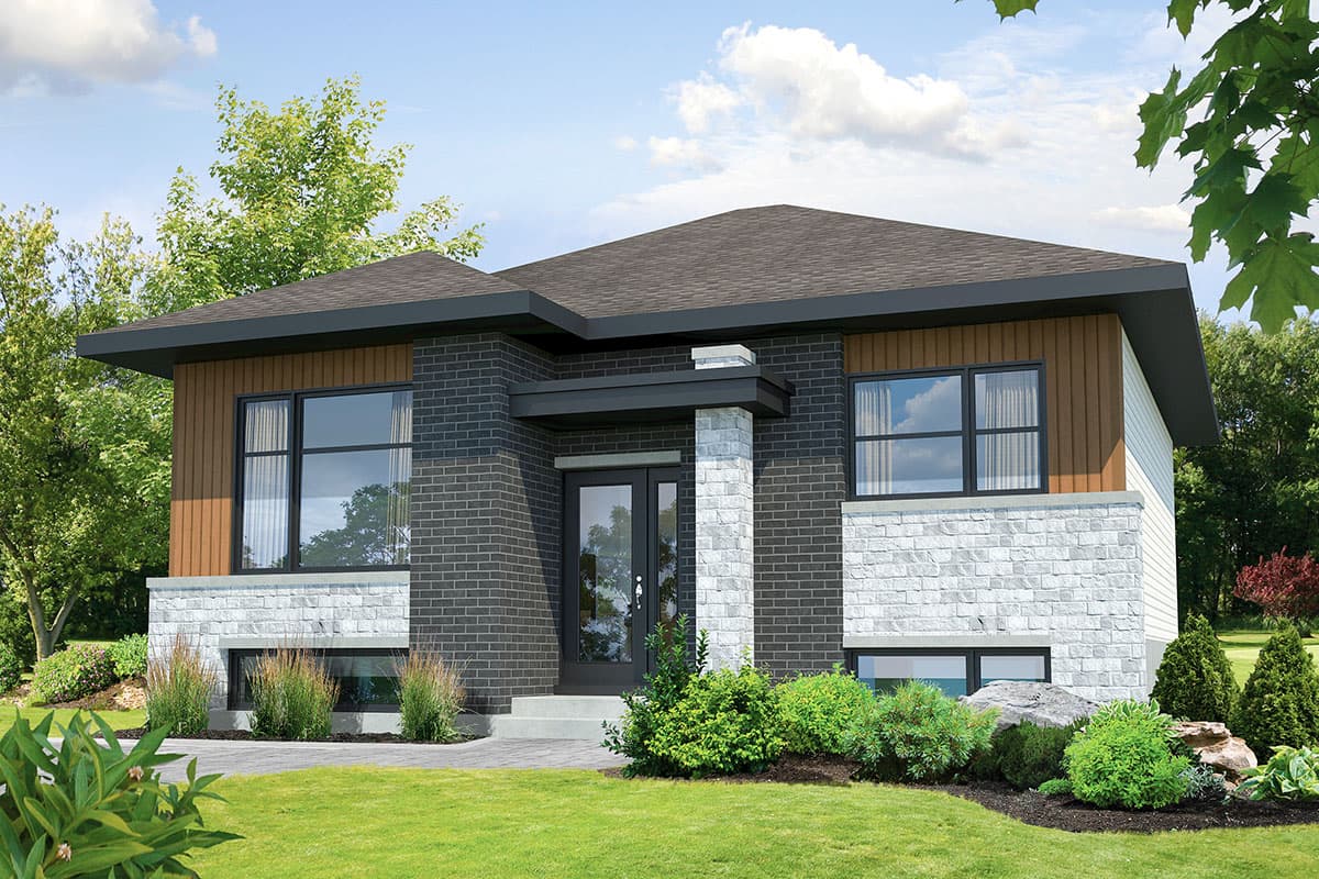 House plan exterior. Modern style with a flat roof and brick facade. Features include a covered entry, large windows, and contrasting wood siding.