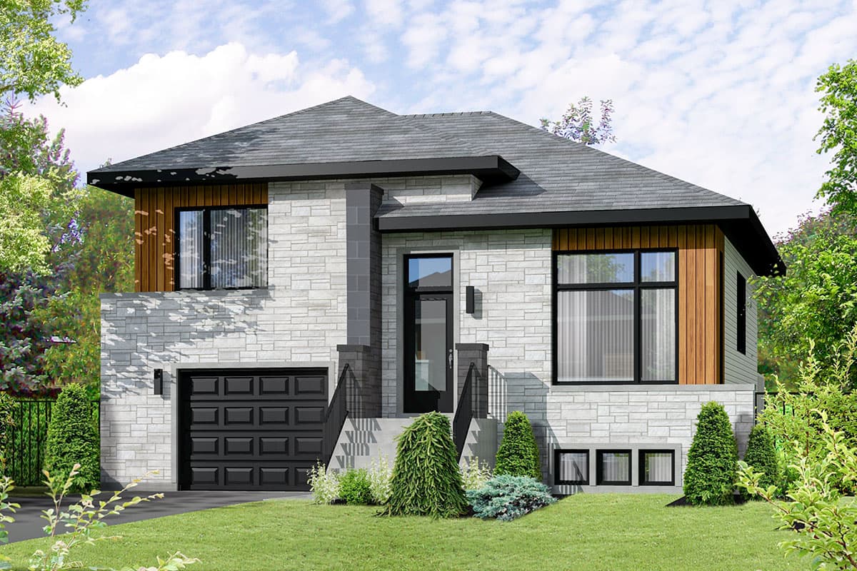 House plan exterior. Two-story modern house with a gabled roof, brick veneer, wood accents, and attached garage.