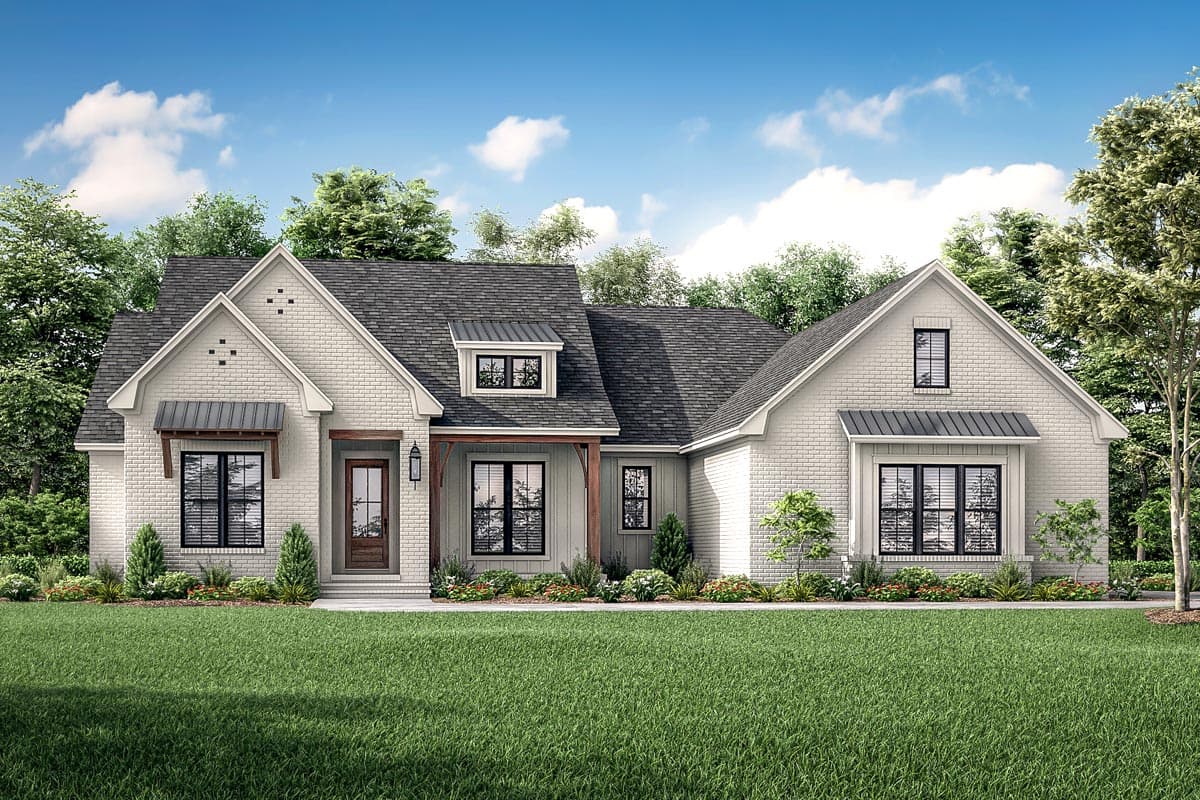 Modern Farmhouse house plan exterior with brick facade, gables, dormer, and covered entry porch.