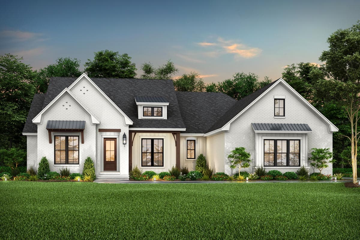 House plan exterior. Modern Farmhouse style with brick facade, multiple gables, and metal awning accents above windows. Single-story structure.