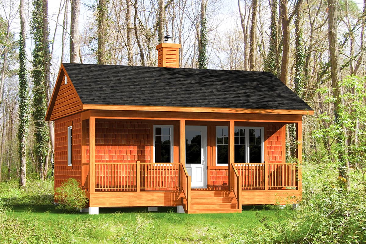 House plan exterior. Single-story cottage-style with a front porch, gabled roof, and wood shingle siding. Includes a chimney.