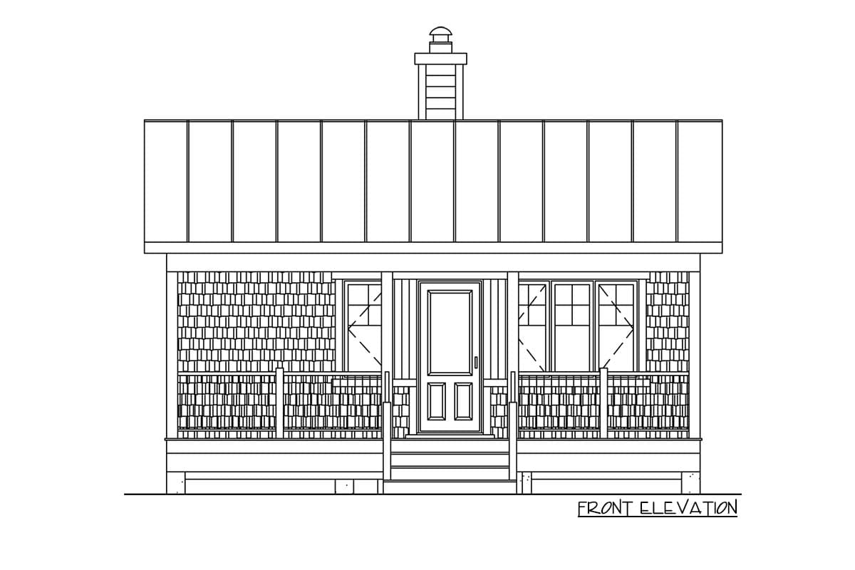 Front elevation drawing of a house with a full porch, shingle siding, and a standing seam metal roof.