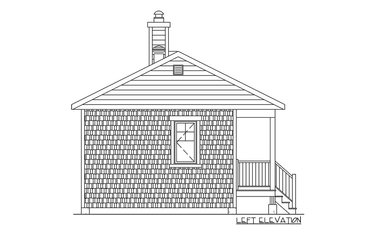 Left elevation drawing of a house plan, featuring shingle siding, a gable roof, a dormer, and a covered porch with stairs.
