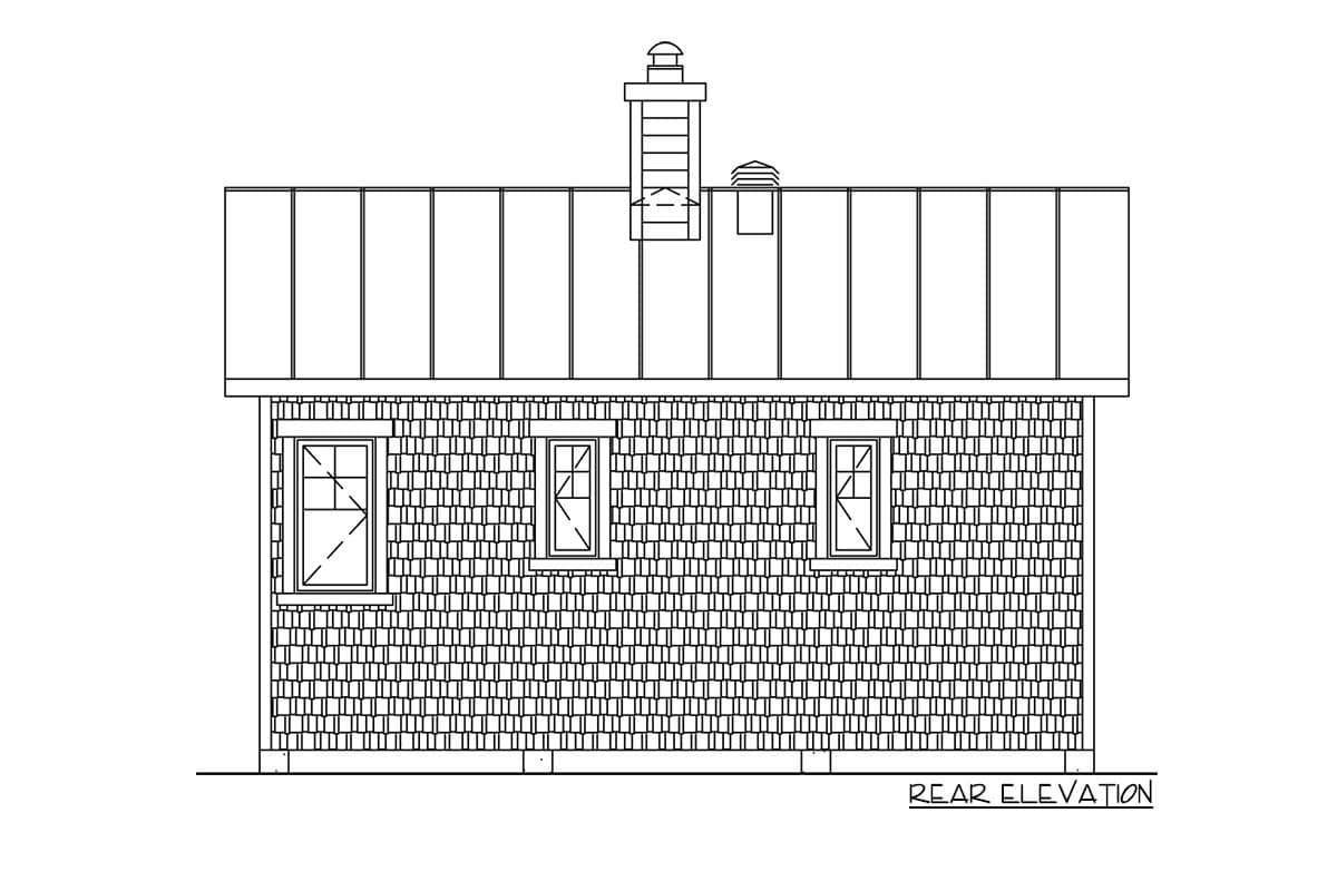 Rear elevation of a house plan with shake siding, a standing seam metal roof, and a chimney.