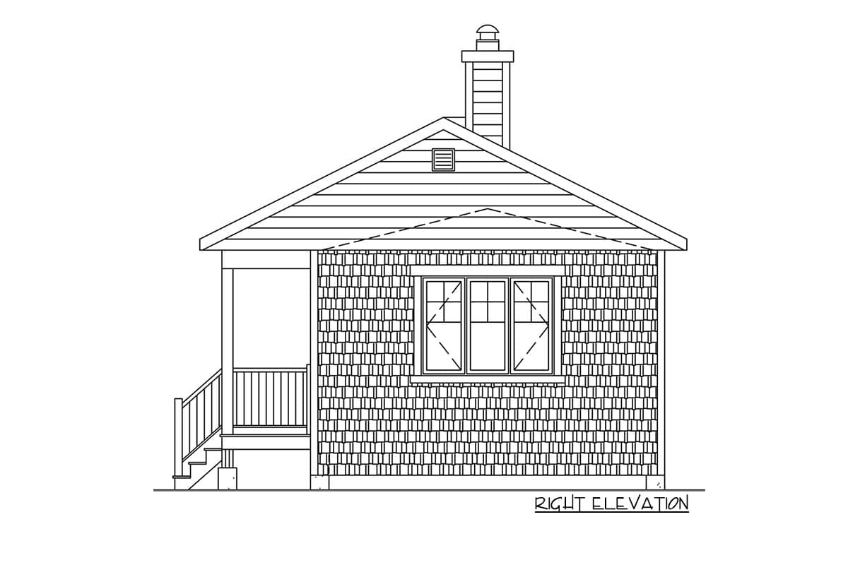 Right elevation of a house plan, showing a covered porch with steps, shingled walls, a gable roof, and a chimney.