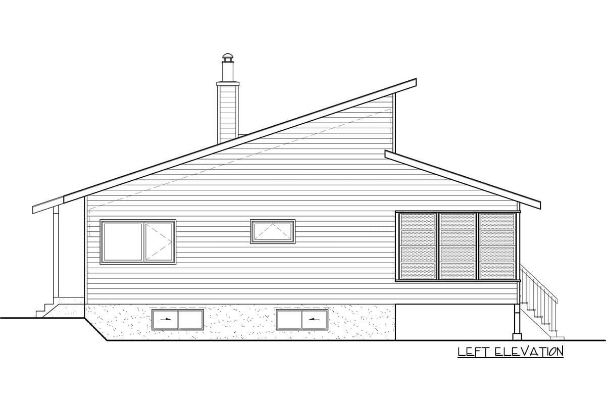 Left elevation drawing of a house plan with a sloped roof, prominent chimney, and large windows.