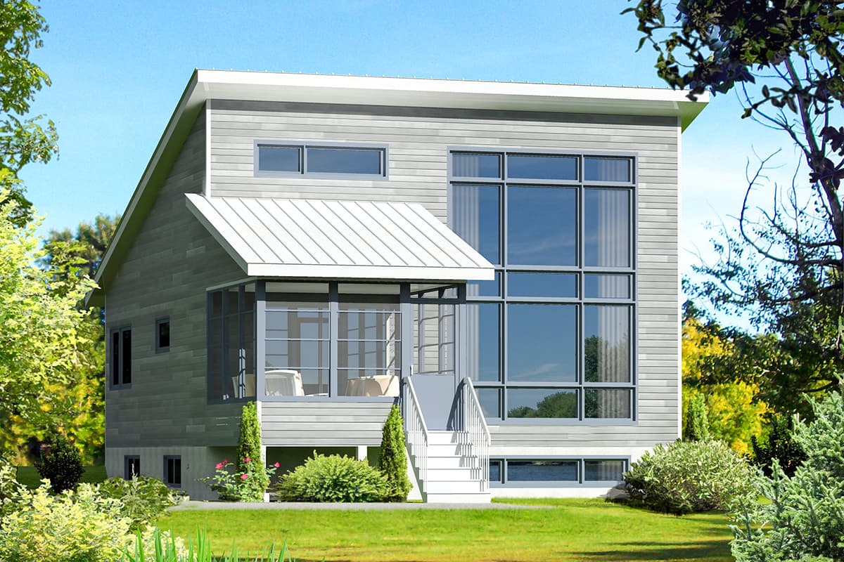 House plan exterior. Modern style, two-story home with a shed roof, a covered porch, and a multi-pane window wall.