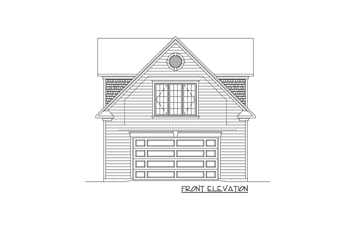 Front elevation drawing of a two-story house plan with a gable roof, prominent garage door, and a central dormer window.