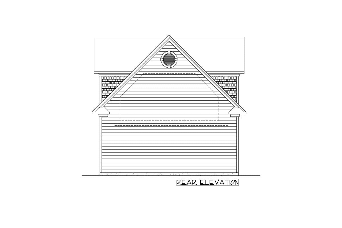 Rear elevation drawing of a house with horizontal siding, gabled roof, and circular attic vent.