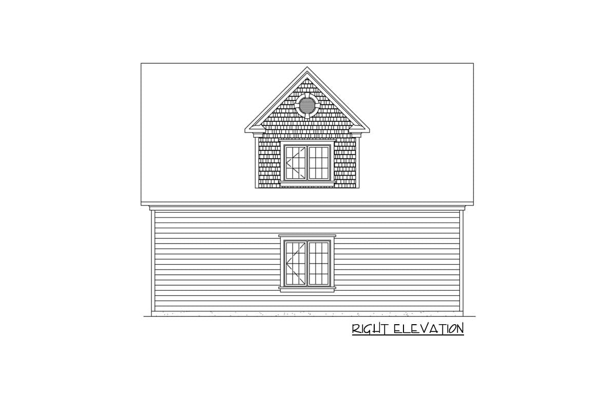 House plan right elevation drawing with clapboard siding and a dormer featuring shingle siding and a circular vent.