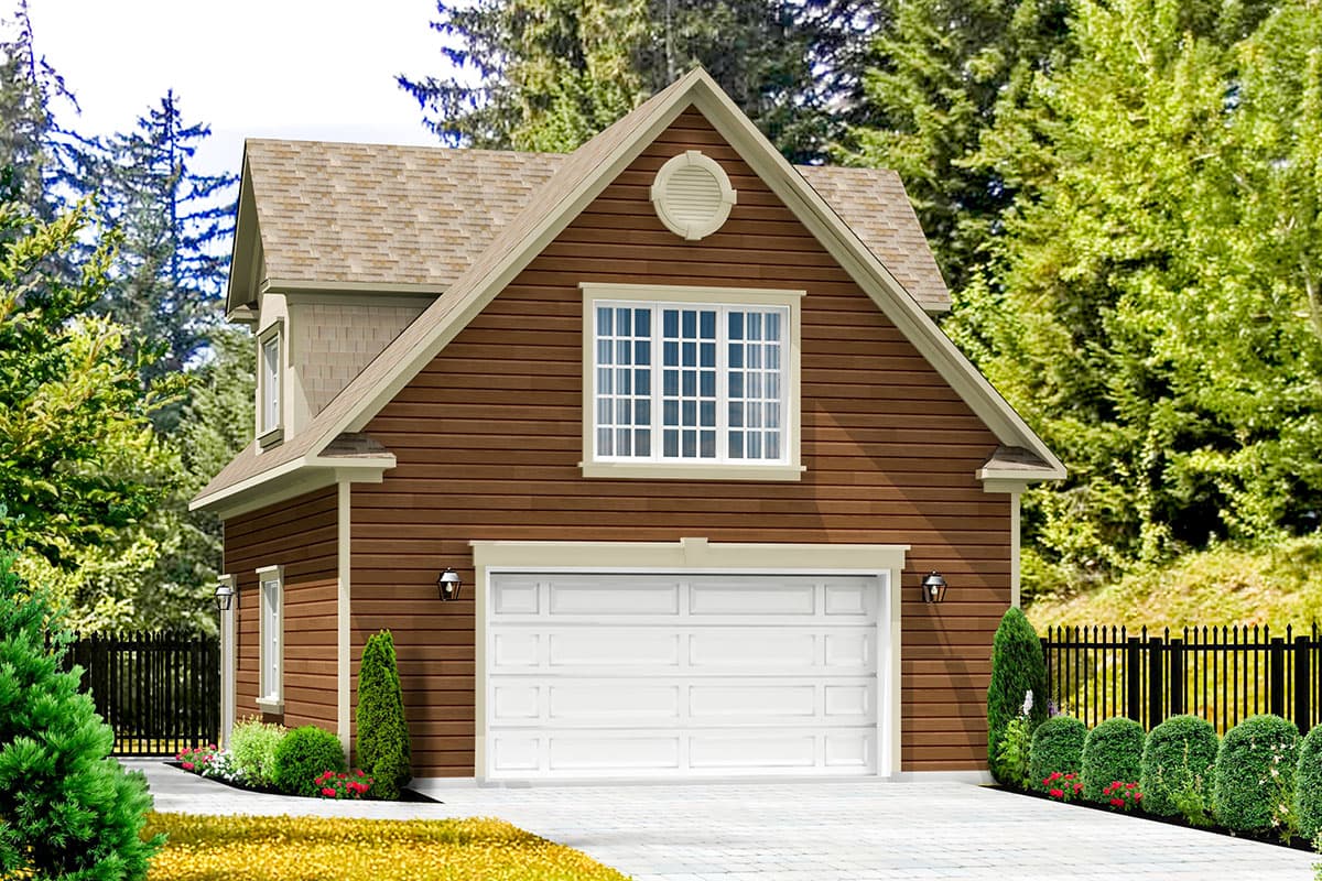 House plan exterior. Two-story structure with gable roof, dormer, and attached garage. Includes a round gable vent and rectangular window.