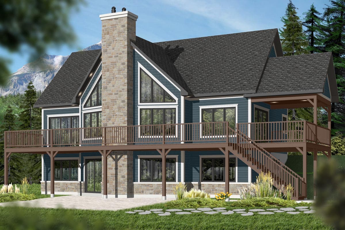 House plan exterior: Two-story blue home with stone chimney, large gabled windows, wraparound deck, and covered porch.