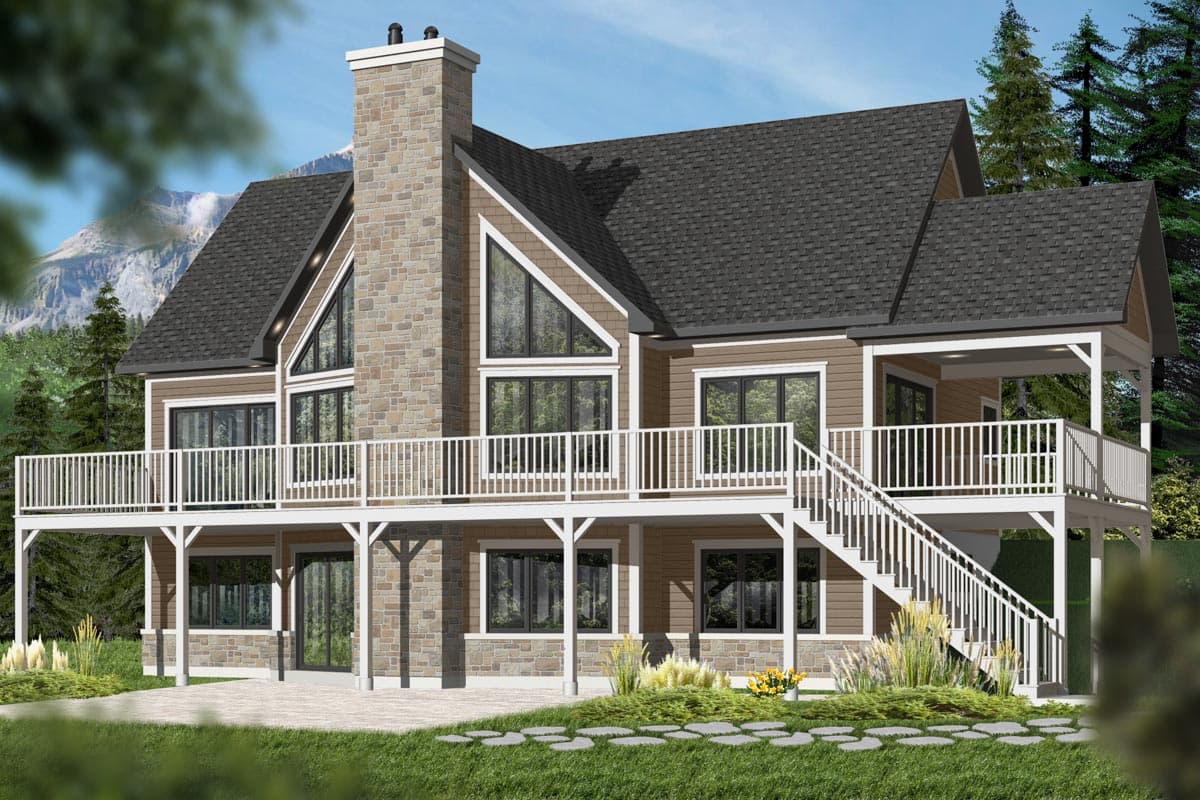 House plan exterior: Modern rustic design with stone chimney, gable rooflines, expansive deck with white railing, and large windows.