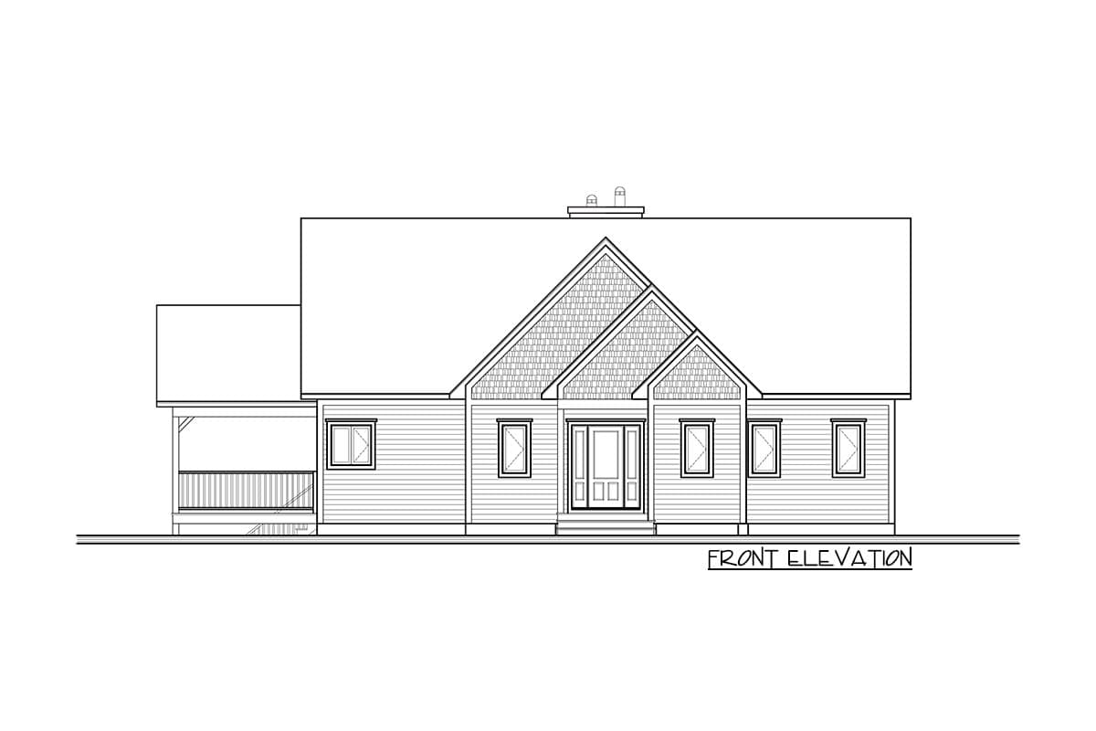 Front elevation house plan with a covered porch, double front doors, and prominent gabled dormers with decorative shingles.