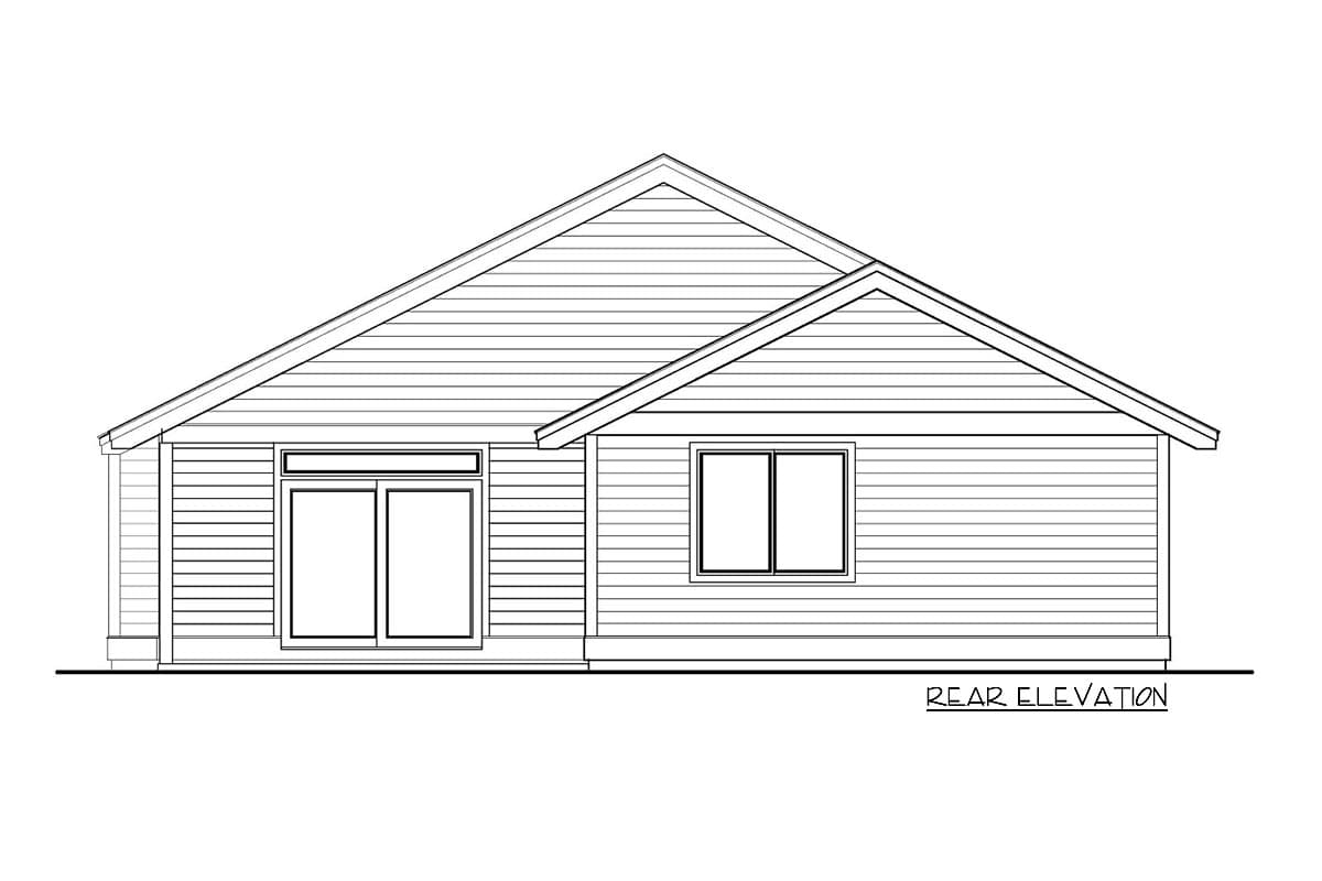 Rear elevation drawing of a single-story house plan with horizontal siding, a gable roof, and two windows.