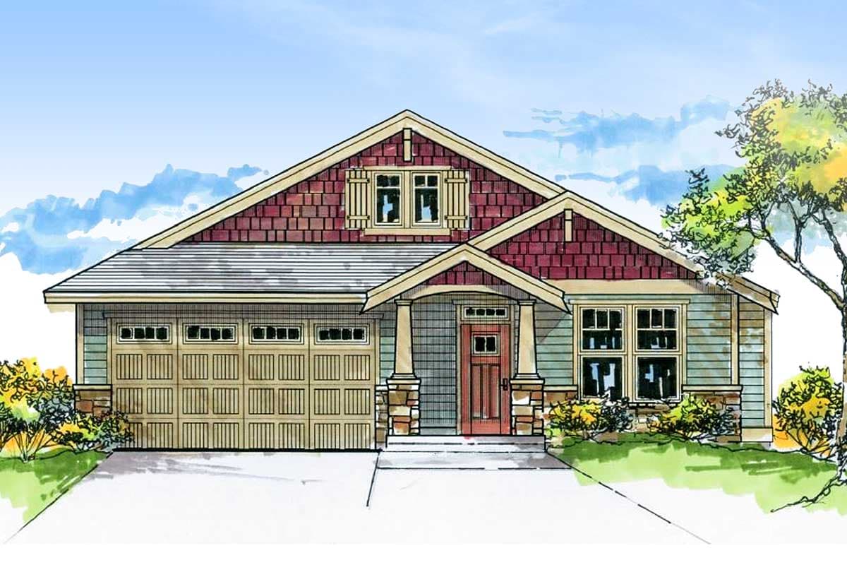 Craftsman house plan exterior: one story, side-gabled roof, stone-clad porch columns, multiple dormers, and a three-car garage.