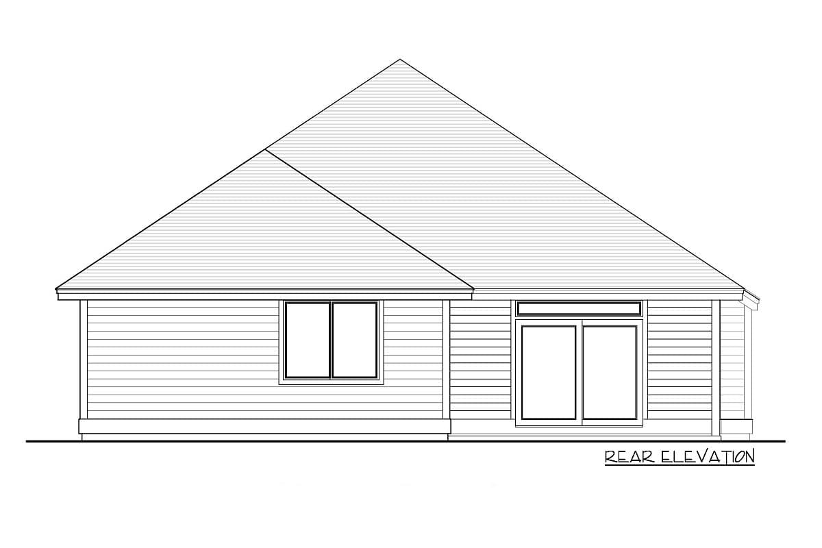Rear elevation drawing of a one-story house plan featuring horizontal siding, a single window, and sliding glass doors.