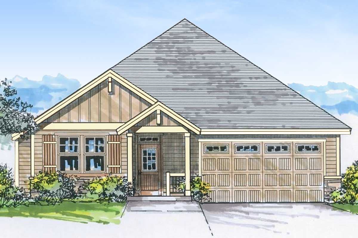 House plan exterior featuring a single-story design, gabled roof, and a front porch. Includes a garage with carriage-style doors and multiple windows.